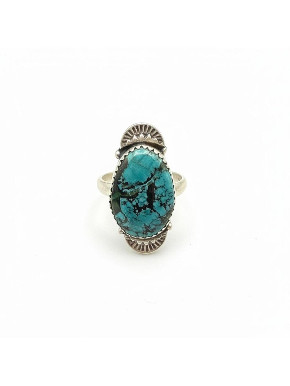 Hubei Turquoise Sterling Silver Ring | Southwestern Sunburst Adjustable Band